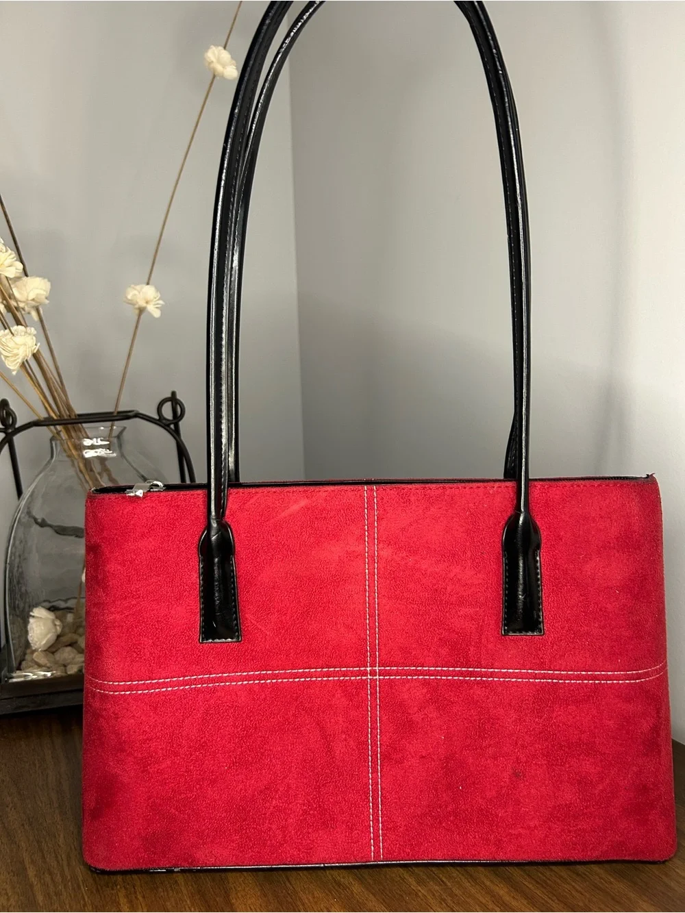 Kate Spade New York Vintage Red/Burgundy Suede Contrast Stitch Shoulder Tote Bag - Picture 6 of 12